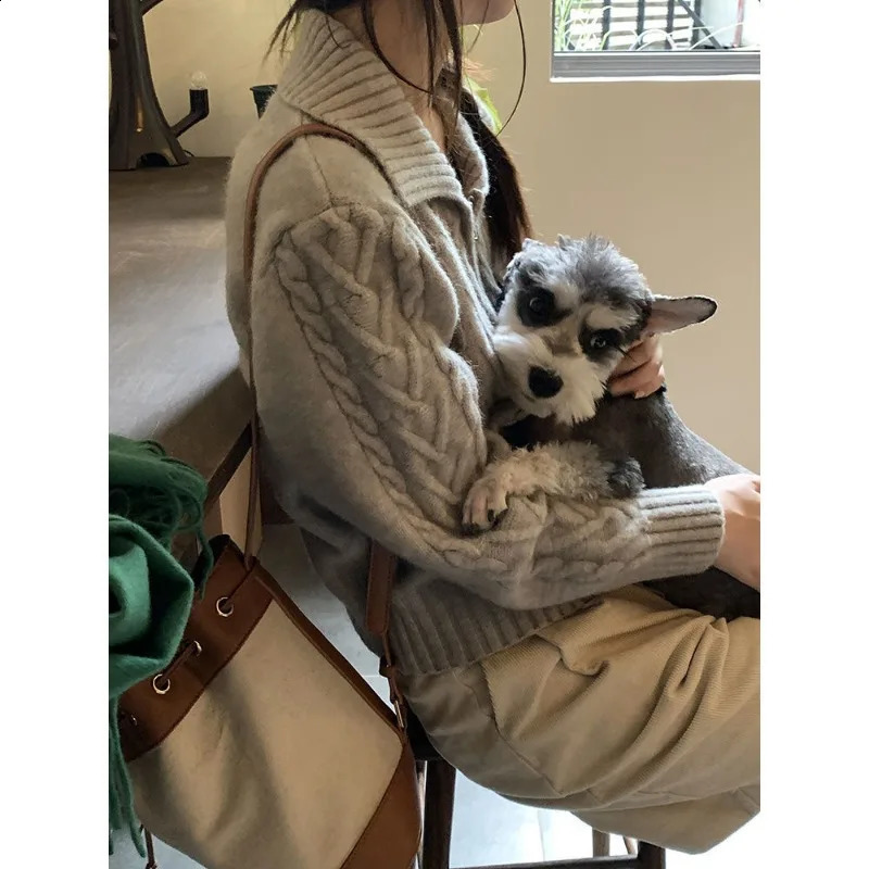 Vintage Gray Zipper Cardigan Sweaters Women Casual Korean Style Knitted Jackets Elegant Old Money Aesthetic Knitwear 240824