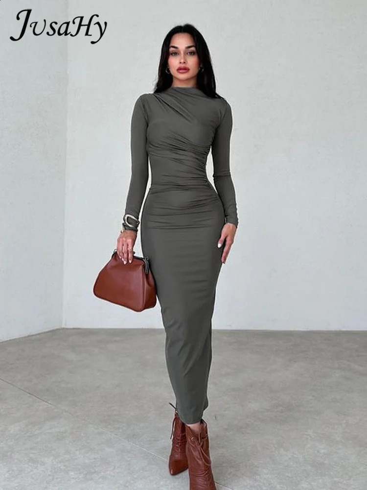 JusaHy Women Solid Sexy Dress Patchwork O-neck Long Dress Waist Maxi Dresses Long Sleeve Slim Robe Partywear High Street 240823