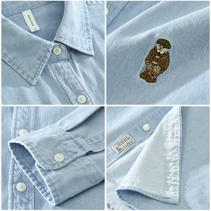 Retro mens denim shirt embroidered bear long sleeved shirt 100% pure cotton casual simple Japanese CamisaW240726