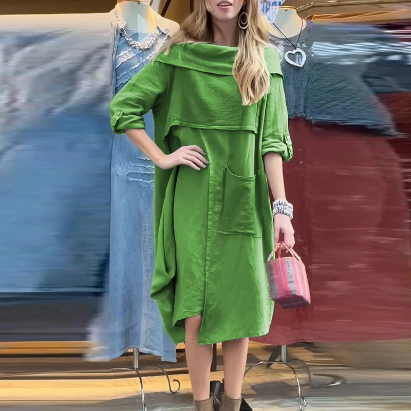 Retro Casual Large Pocket Cotton Linen Dresses Women Fall Scarf Collar Solid Long Dress Winter Long Sleeve Female Pullover Dress 240824