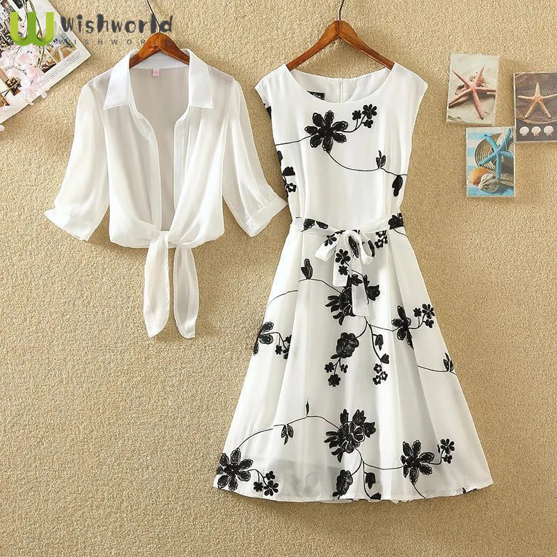 Set summer retro print small black skirt high waist sleeveless slim fashion A-line skirt two-piece dress 240823