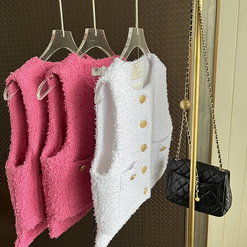 Small Fragrant Summer Tweed Korean Fashion Elegant O-neck Sleeveless Coat Wool Jackets for Women Pink White Vest Femme 240823CJ