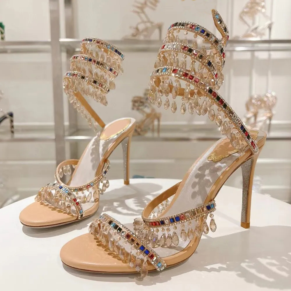 Sexy and charming chandelier heels 95mm Crystal Inlay Ankle Wrap Snake Rhinestone Stiletto Sandals Wedding Party Coil Snake Strap Luxury Designer Dress Shoes