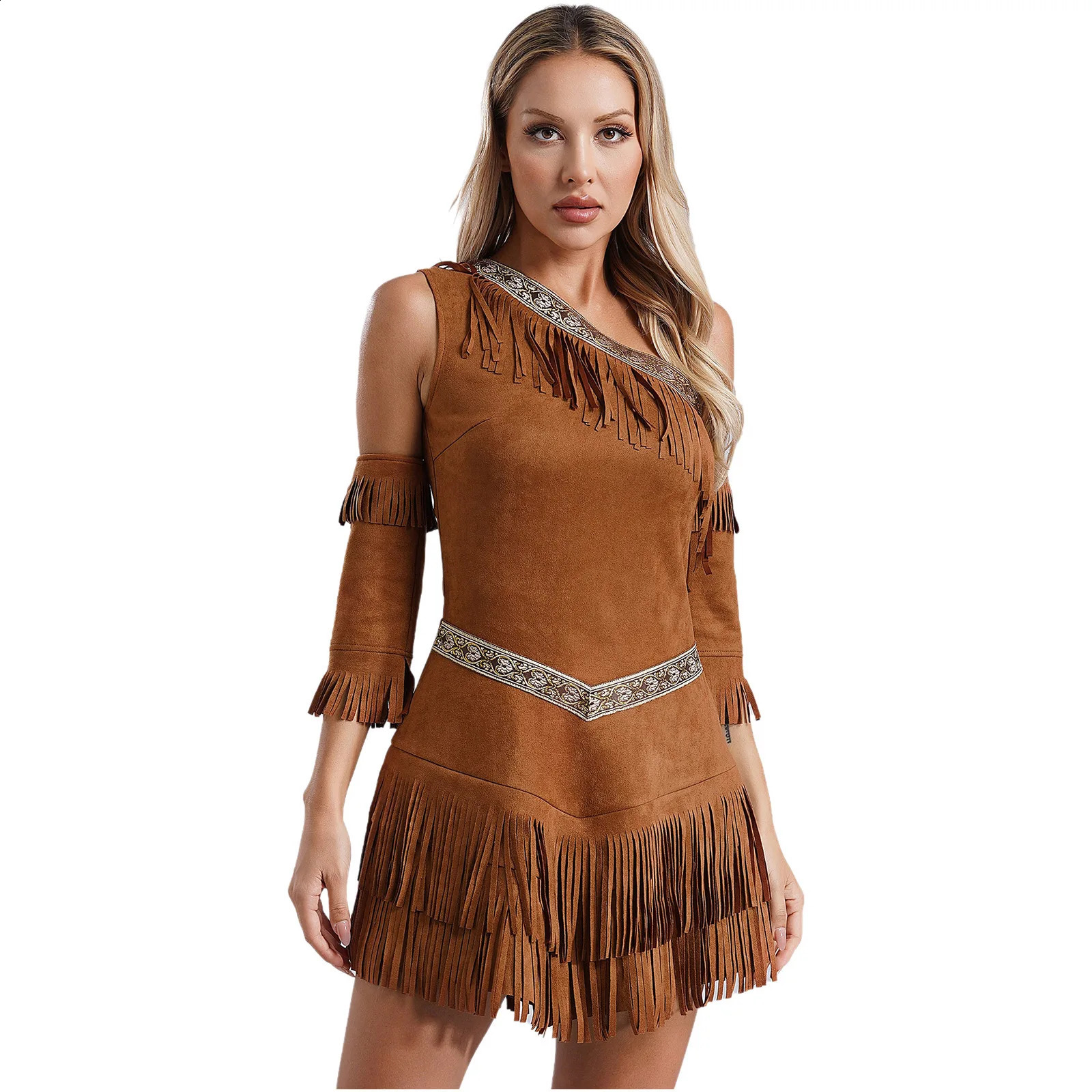 Female caveman Savage costume Stone Age jungle tribe hunter roleplaying Carnival Halloween fancy party Indian princess dress 240823