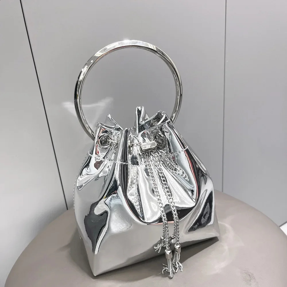 Gold Silver Rose red Glossy Drawstring Bucket Bag For Women Fashion Round Circle Pu Handbags Wedding Party Clutch Shoulder Bag 240823