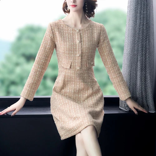 Arrival Autumn And Winter Runway Women Elegant Tweed Dress Round Neck Long Sleeve Female Fashion Chic Dresses Vestidos 240824