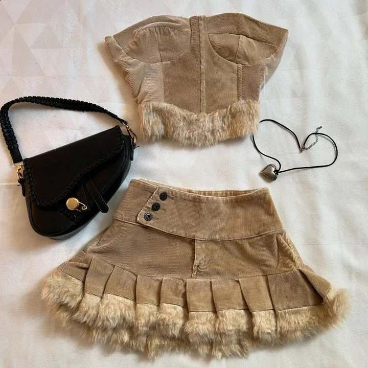 Y2K Two Piece Sets Women Sexy Cute Strapless Bodycon Tops High Waist Pleated Mini Skirt Harajuku Goth Brown Raw Edge Skirt Suit 240823