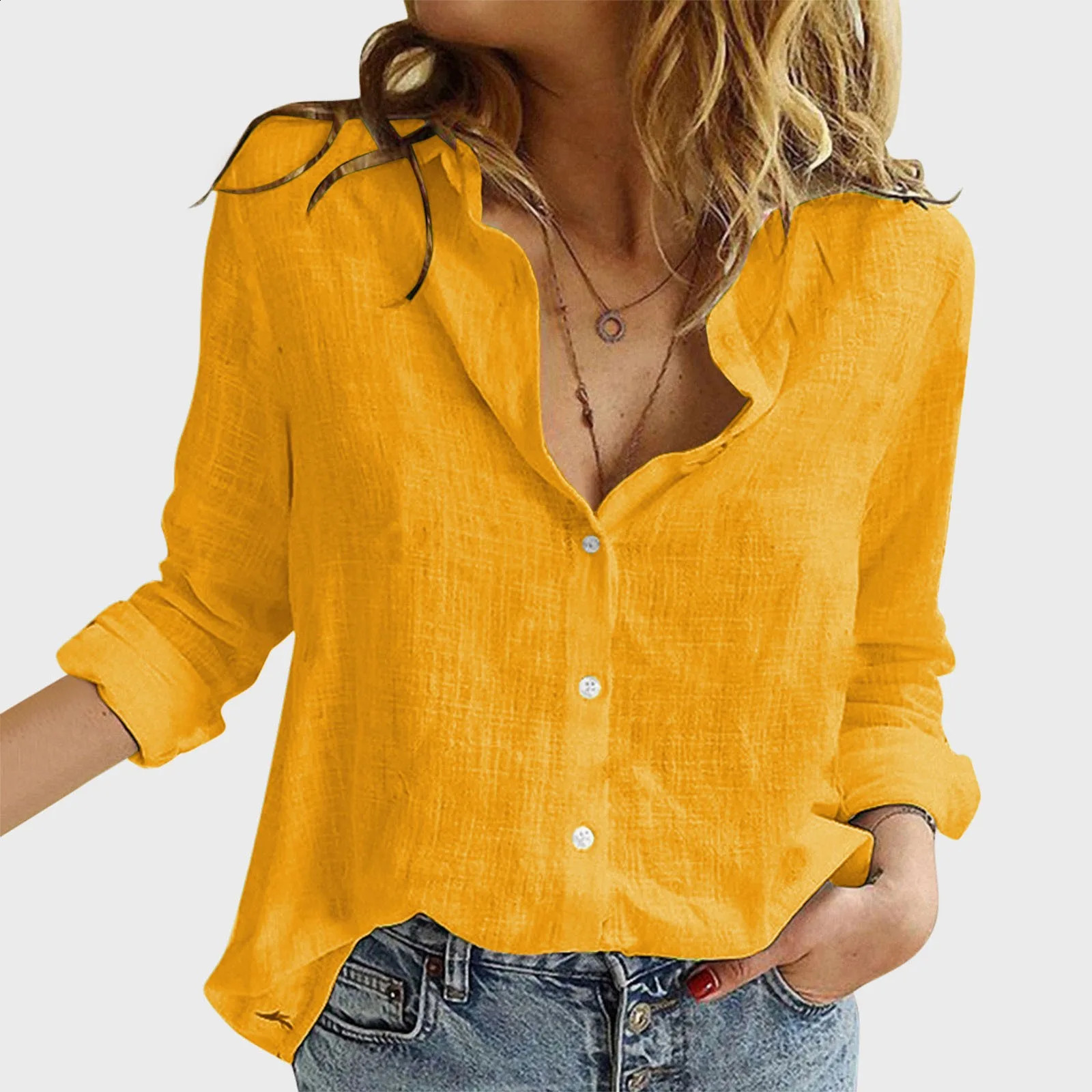 Solid Colour Shirt Womens Shirt Casual Loose Long Sleeve Shirt Blouse Fashion Korean V Neck Button Versatile Tops Blouse 240823