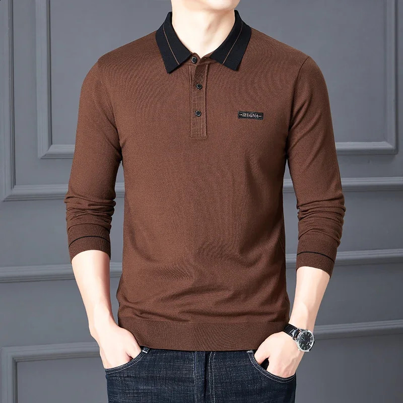 Spring and autumn retro contrast color lapel T-shirt mens business casual long-sleeved all-match polo shirt 240824