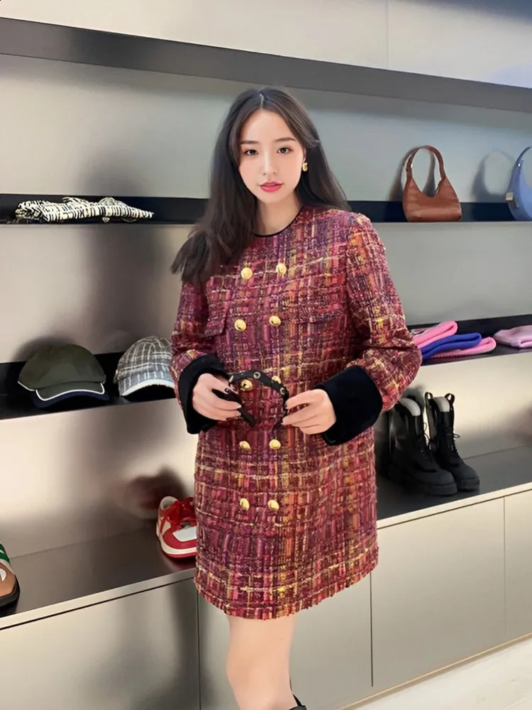 Office Ladies Tweed Dress Loose Fit Straight Long Sleeve Double Breasted O-Neck Spring Women Short Dresses Vintage Plaid Dress 240824
