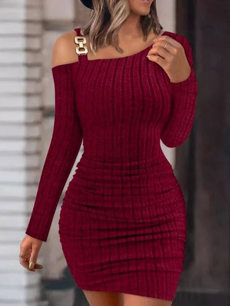 Women Metal Buckle Bodycon Party Dress Spring Autumn Sexy Off Shoulder Long Sleeve Wrap Hip Elastic Vestidos SZE-ST23268 240823