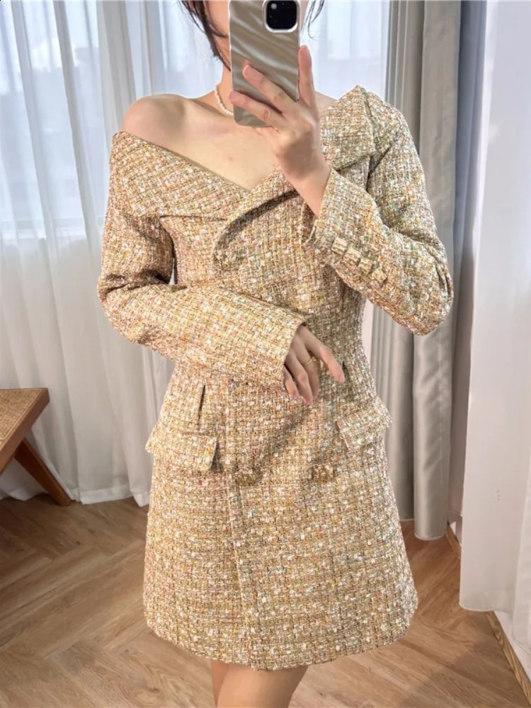Autumn Elegant Women Slash Neck Double Breasted Tweed Dress Vintage Office Ladies Work Party Slim Waist Long Sleeve Mini Dresses 240824