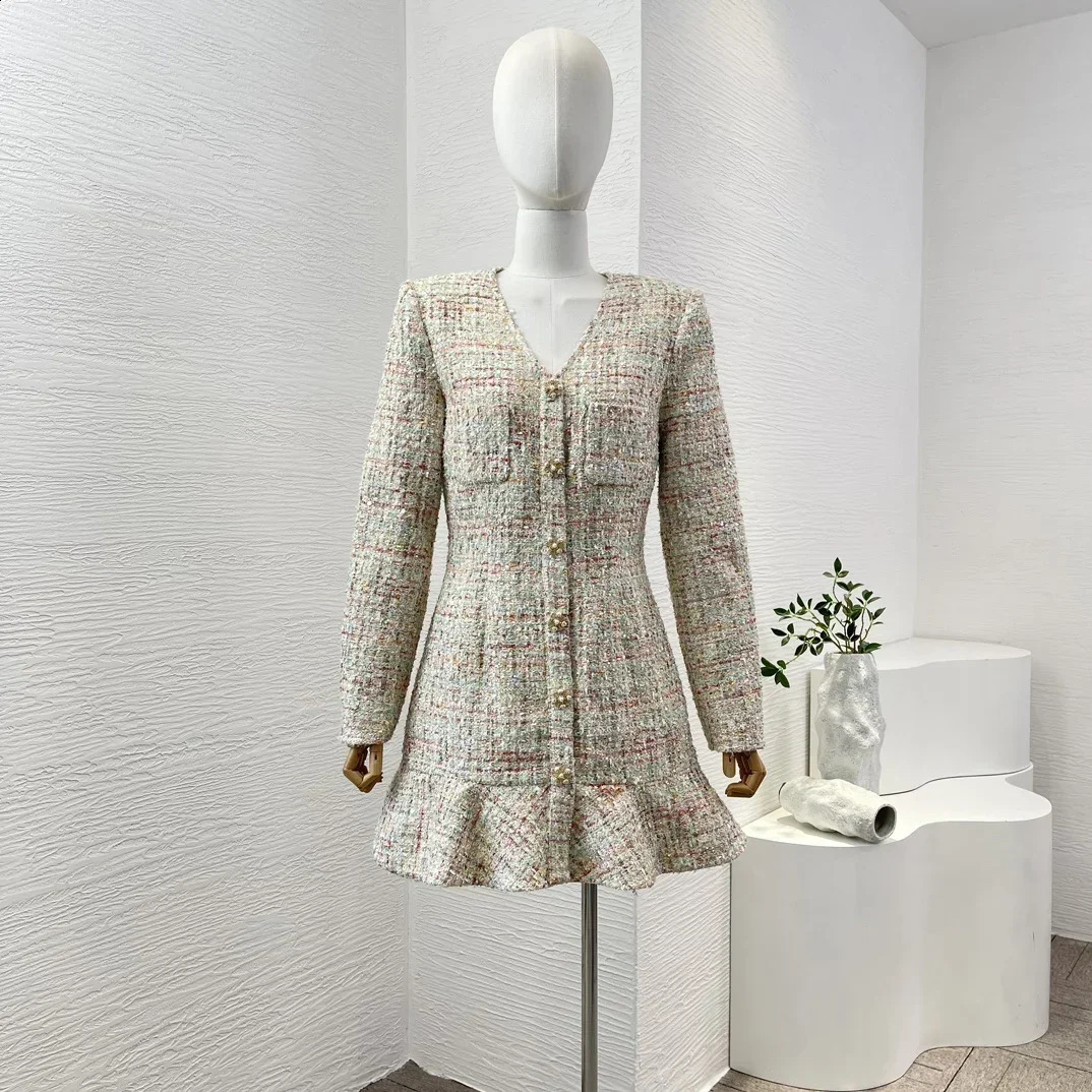 Elegant Advanced Tweed V-neck Long Sleeve Mini Mermaid Dress for Women 240824