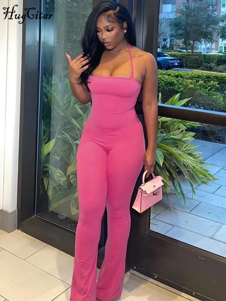 Hugcitar 2024 Spring Halter Solid Sleeveless Backless Sexy Bodycon Flare Pants Jumpsuit Women Casual Rompers Streetwear Festival 240823