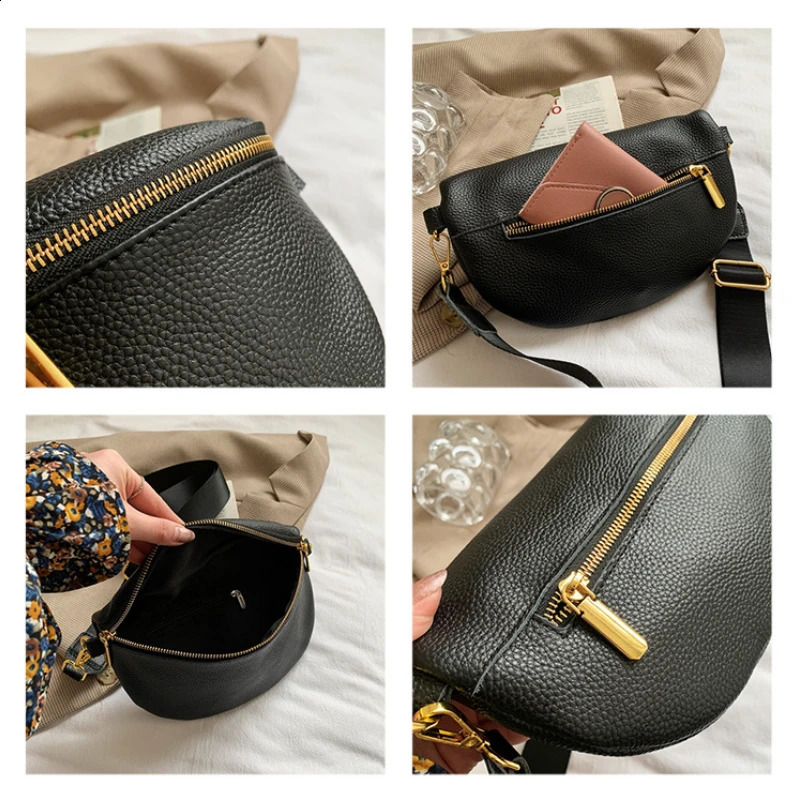 Vintage Fanny Pack Woman Banana Waist Bag Wide Shoulder Strap Crossbody Chest Bag Soft Leather Sac Banane Femme 240823