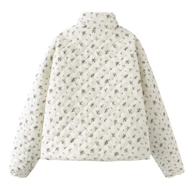 Womens Down Parkas Floral print Swt chic winter jacket 2024 new vertical collar zipper fashionable cotton jacket casual loose warm casual womens cloth