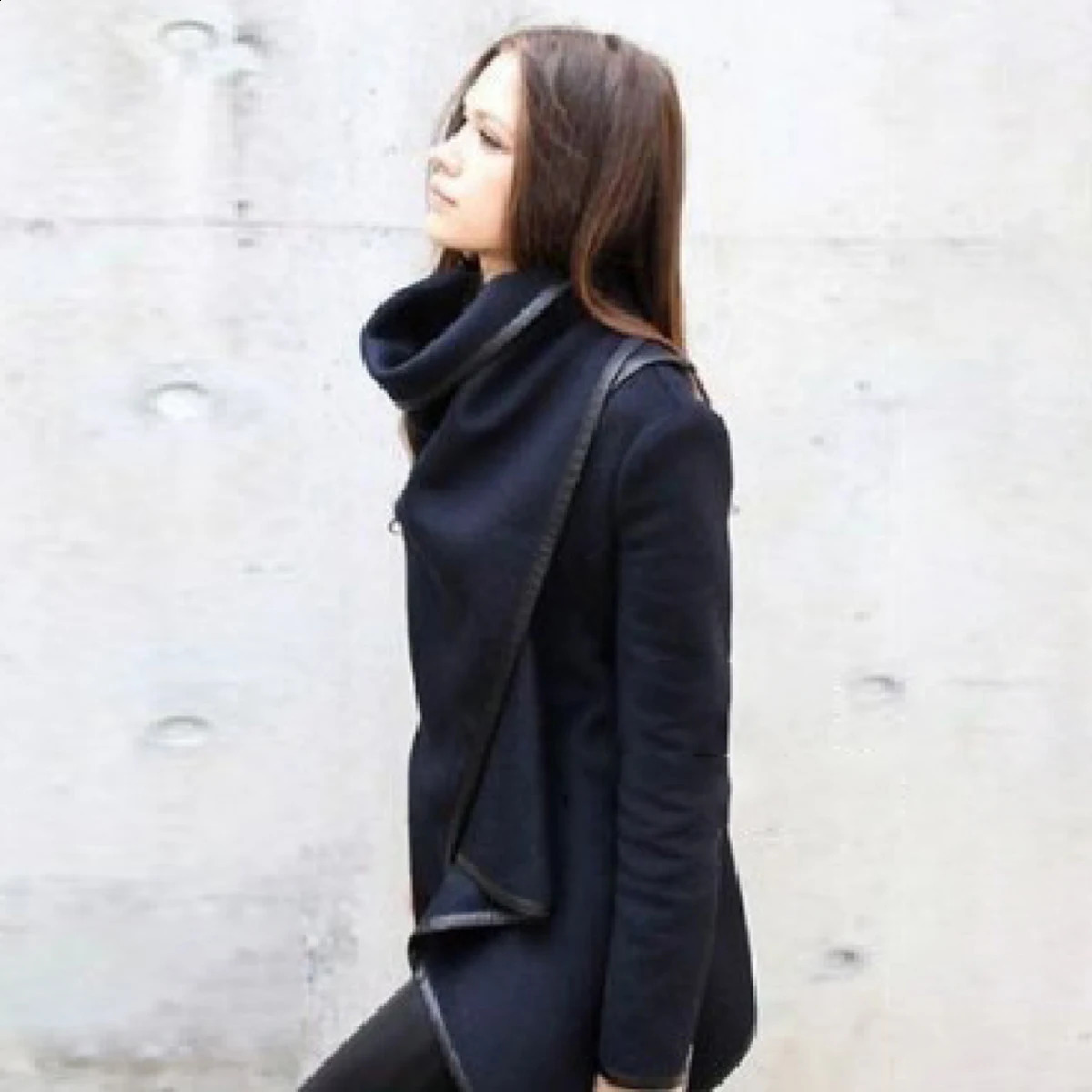 BJTZ Womens Asymmetric Solid Color Split High Neck Jacket Long Sleeve Casual 240823