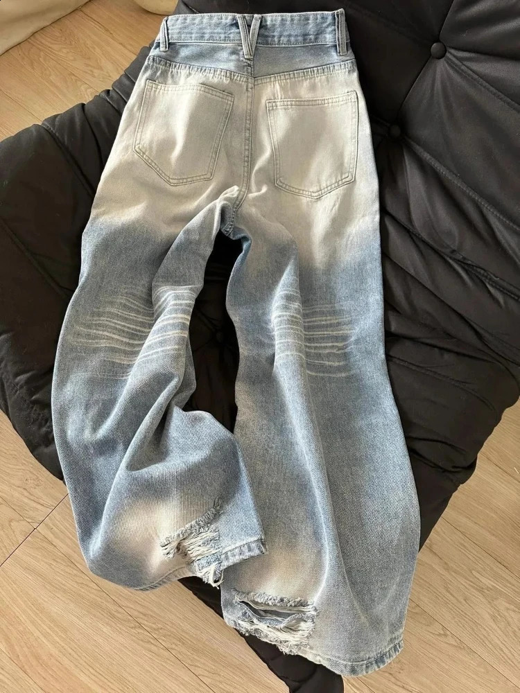 HOUZHOU Casual Loose Vintage Jeans Women Streetwear Y2k Wide Leg Pants Denim Blue High Waist Office Lady Baggy Trousers 240823