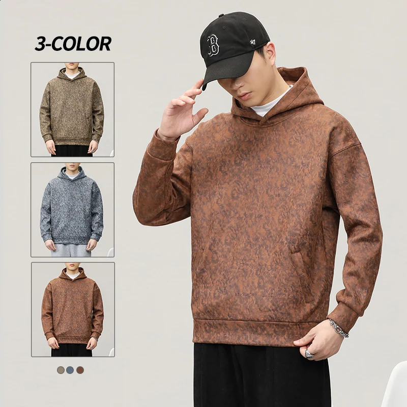 Suede sweater mens fashion street American loose plus size autumn and winter long sleeved hooded 240823