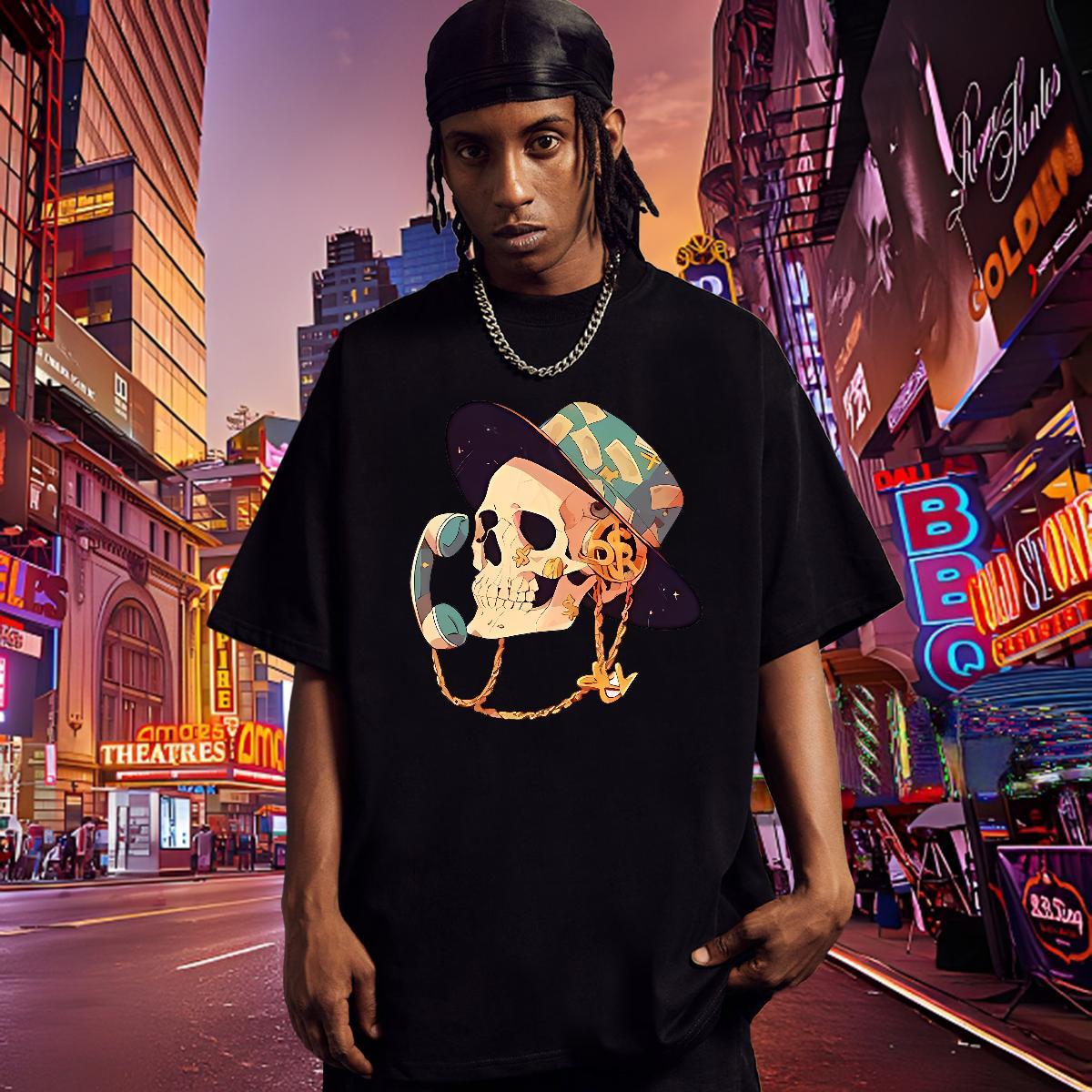TOP Quality T-Shirts for Men 230g 100% Cotton skull Casual Asian Size Round Neck Short Sleeve Men Tshirts Fashion New Tees