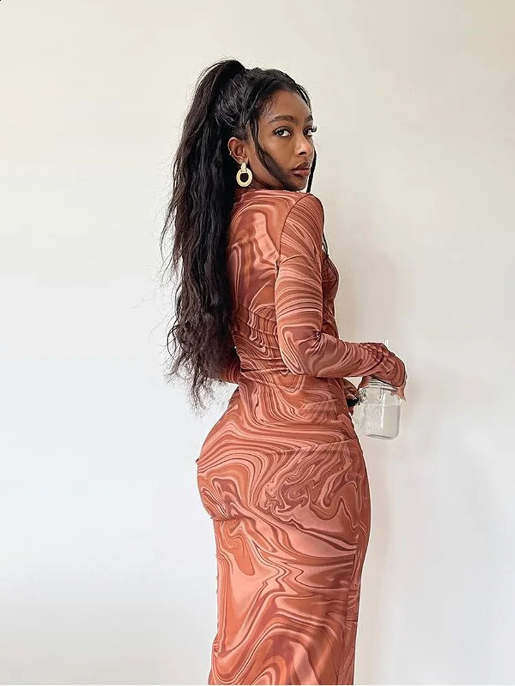 Long Sleeve Bodycon Dresses For Women Evening Party Clothes O-neck Mid Calf Sexy Vestidoes De Mujer One Piece Outfits Streetwear 240823
