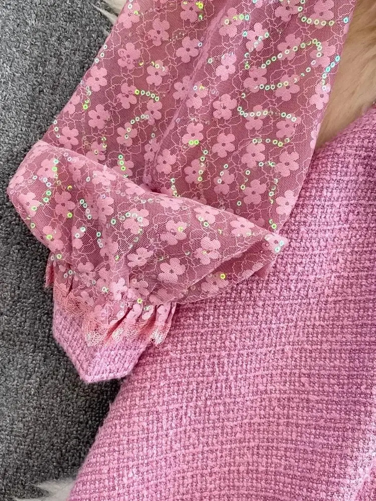 Fashion Lady Flower Sequined Mesh Embroidery Ruffles Stitching Tweed Dress Women Long Sleeve Bow Collar Pink Mini Dresses 240824