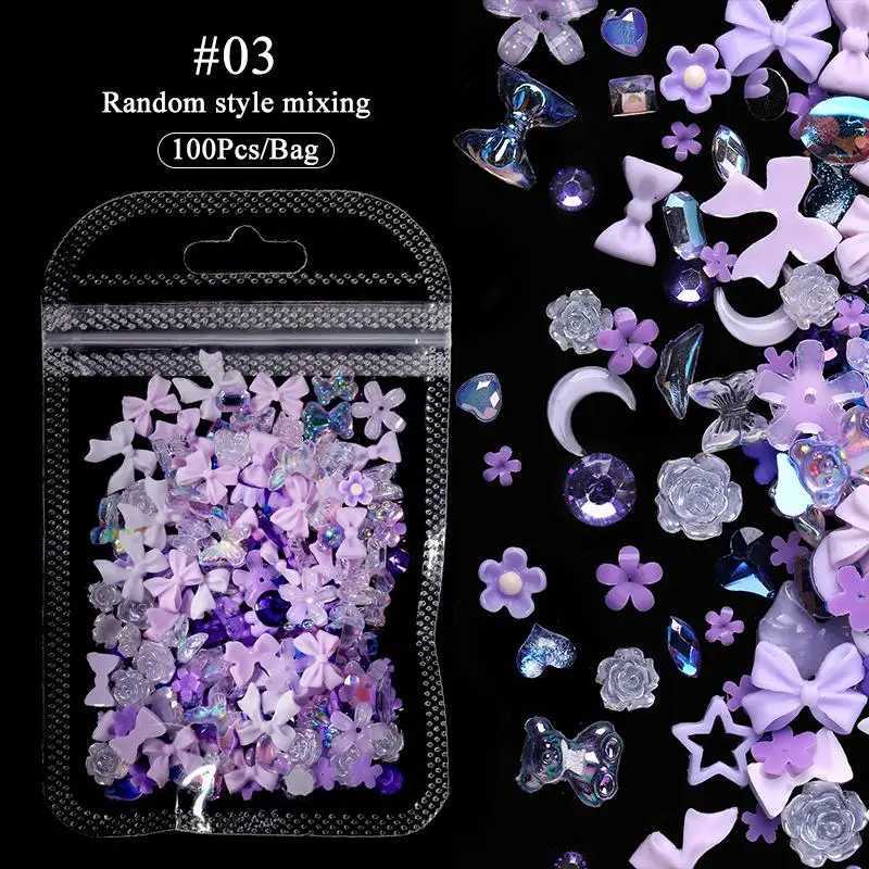 100 pieces of 3D resin pink purple nail charm flower center bear mixed nail art decoration Kawaii pink ribbon bow DIY nail parts W240829
