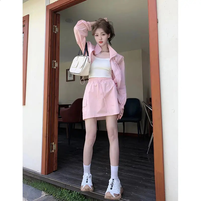 Drawstring Zipper Printed Loose Short Sunscreen Jacket Short Skirt Set Spring/Summer Fashion Two Piece Sets Women Outfits 240823