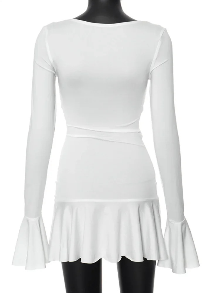 Sexy Low-cut Deep V Flounce Edge Slim Bodycon Mini Dress Women Long Sleeved Solid White Skinny Evening Dress Club Party Vestidos 240823
