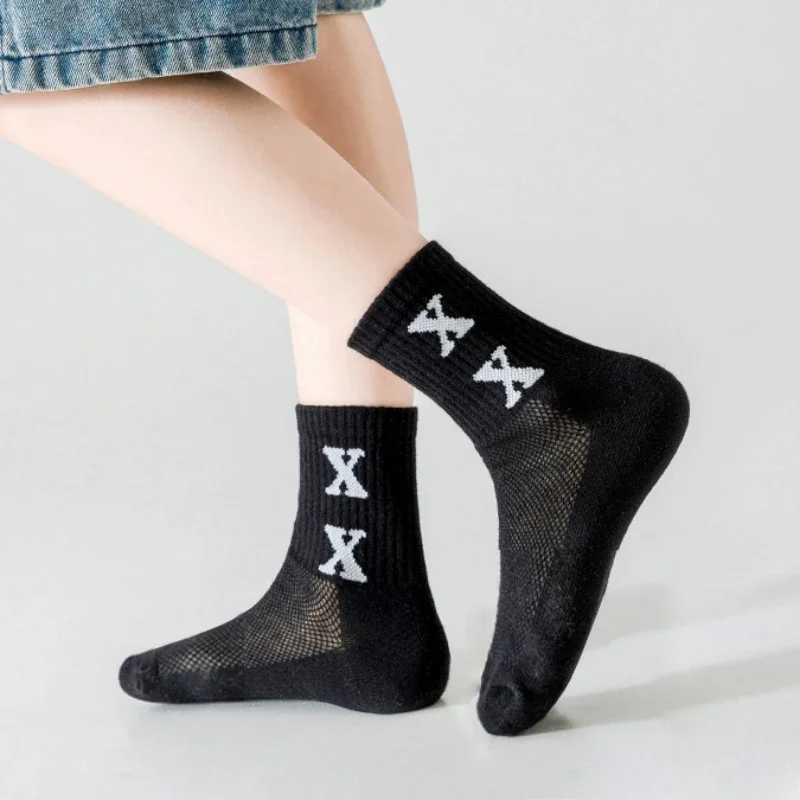 5 Pairs Spring Summer Kids Fashion Mid-calf Socks Cotton Mesh Girls Boys School Sports Long Socks Children Clothing Accessories CL240824