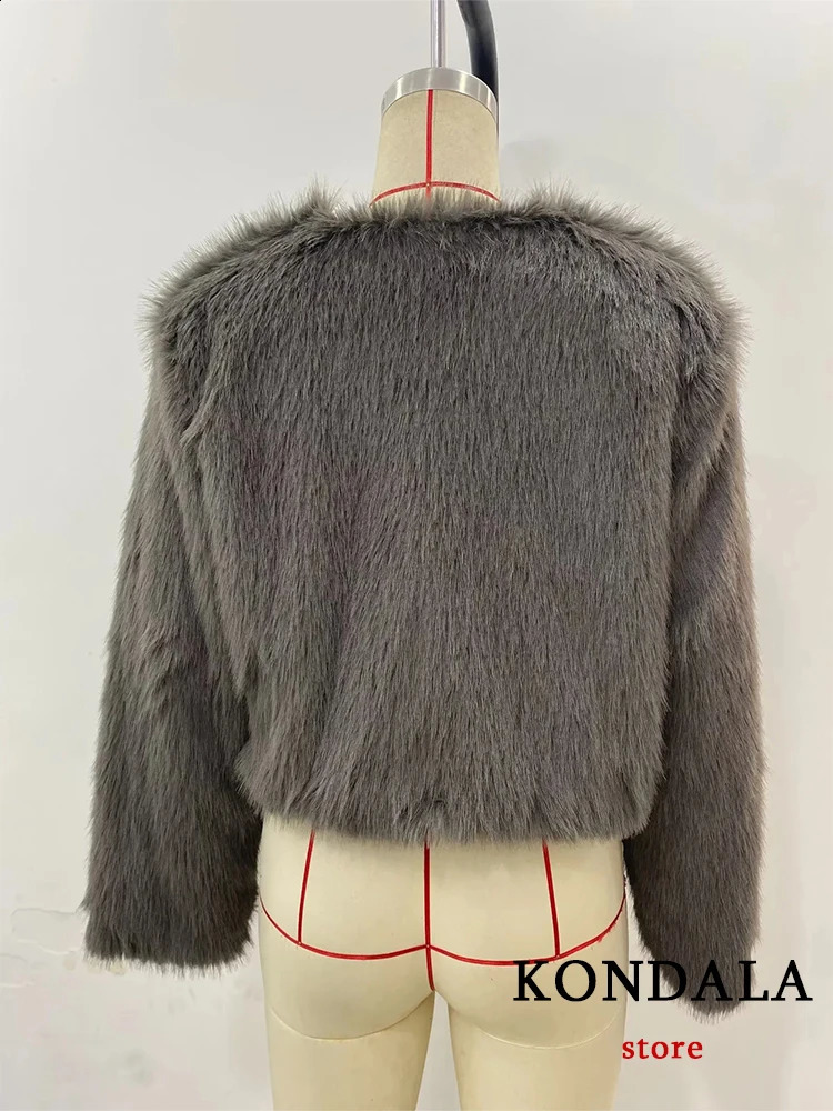 Kondala Retro Grey Faux Fur Jacket Womens Oneck Button Long Sleeve Fashion Elegant Thick Coat 240824