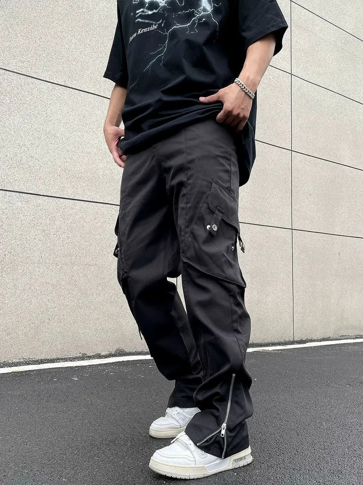 Mens Loose Straight Leg Casual Pants American Style High Street Vibe Zipper Cargo Misty Wind 240823