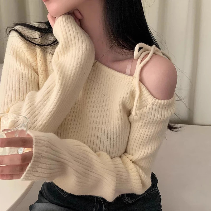 Irregular Skew Collar Sweater Off Shoulder Ropa Mujer Lace Up Bow Pullover Feminino Sexy Womens Clothing Korean Knitwears 240824