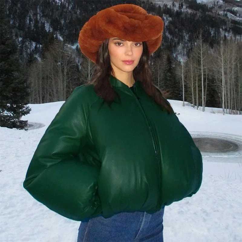 Women's Down Parkas Retro Women PU Leather Puffer Jackets Elastic Waist Warm Thick Bubble Coats Leather Puff Jacket Parkas Zipper Parkas Down Win