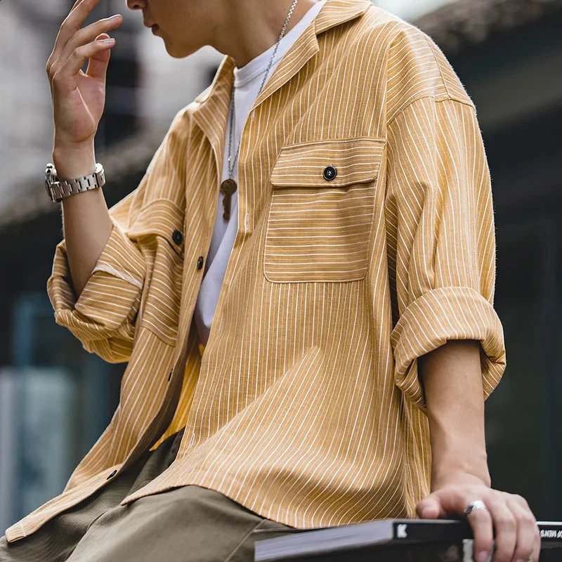 Maden Striped Cuban Collar Men Shirt Jap Retro Patchwork Vintage Pocket Longsleeved Polyester Cotton Spring Fall Trend 240824