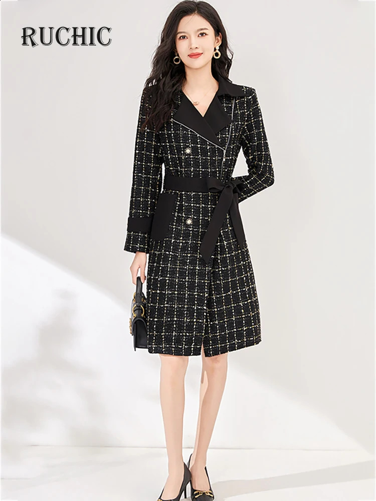RuChic Autumn Women Fashion Dress Notched Collar Long Sleeve Tweed Double Breasted Lace-up Waist Elegant Dresses 240824