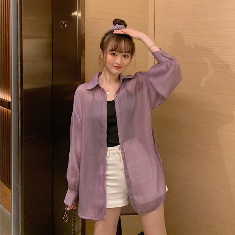 Sun Proof Shirts Women Oversized Sheer Sunscreen Blouses Harajuku Korean Beach Holiday White Long Sleeve Sunscreen Long Blouse 240823