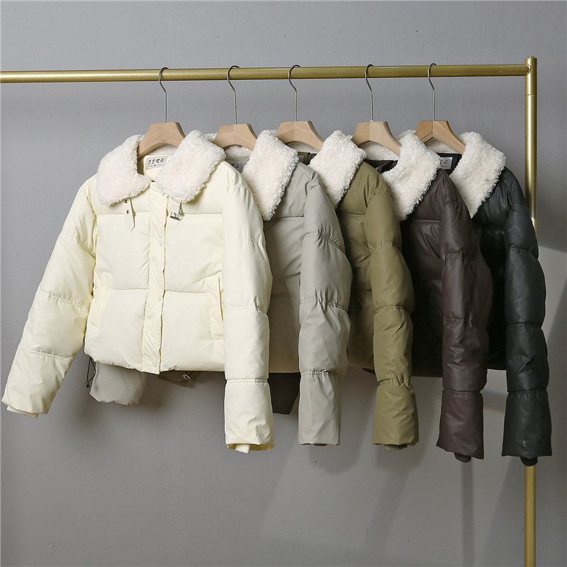 Lamb Wool Wash Free Pu Leather Down Cotton For Women Short Winter Thick Stand Up Bread Small Fur Collar Jacket B4