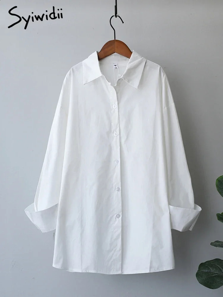 Syiwidii Shirt Women Long Sleeve Blouse Cotton 100% Casual Blue White Turn Down Collar Button Up Shirts Oversized Tops 240823
