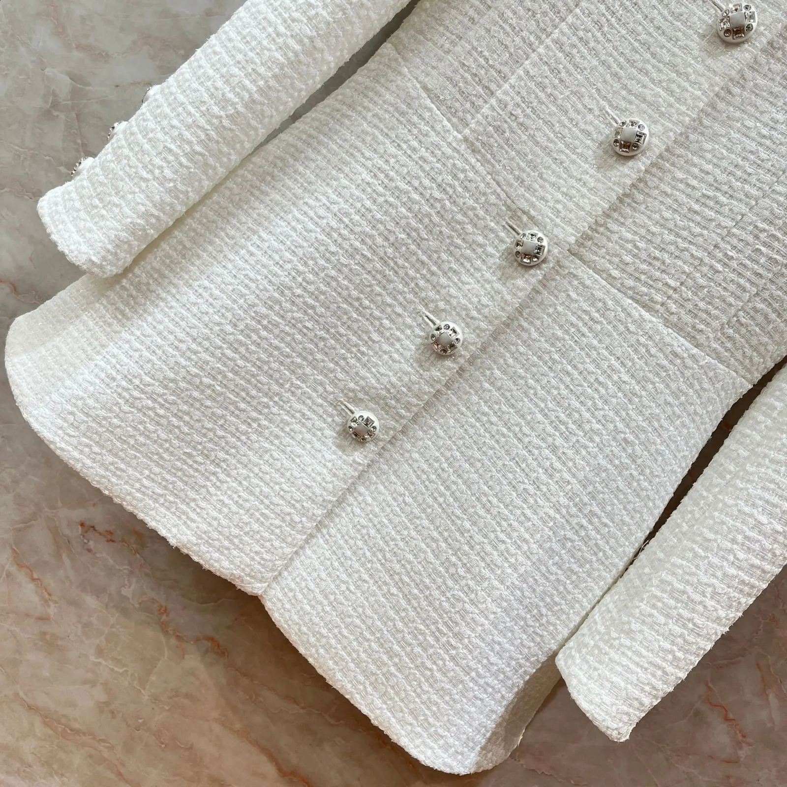 Top End Women Fashion Tweed Stand Collar Long Sleeve High Waist Slim Short Dress Elegant Lady Single Breasted White A-line Dress 240824