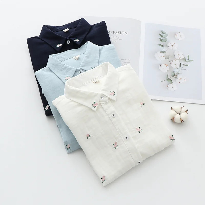 Spring Autumn Fresh Cotton Yarn Ladies Long Sleeve Shirt Flower Embroidered Womens Casual Shirt Female Blouse Clothes 240823