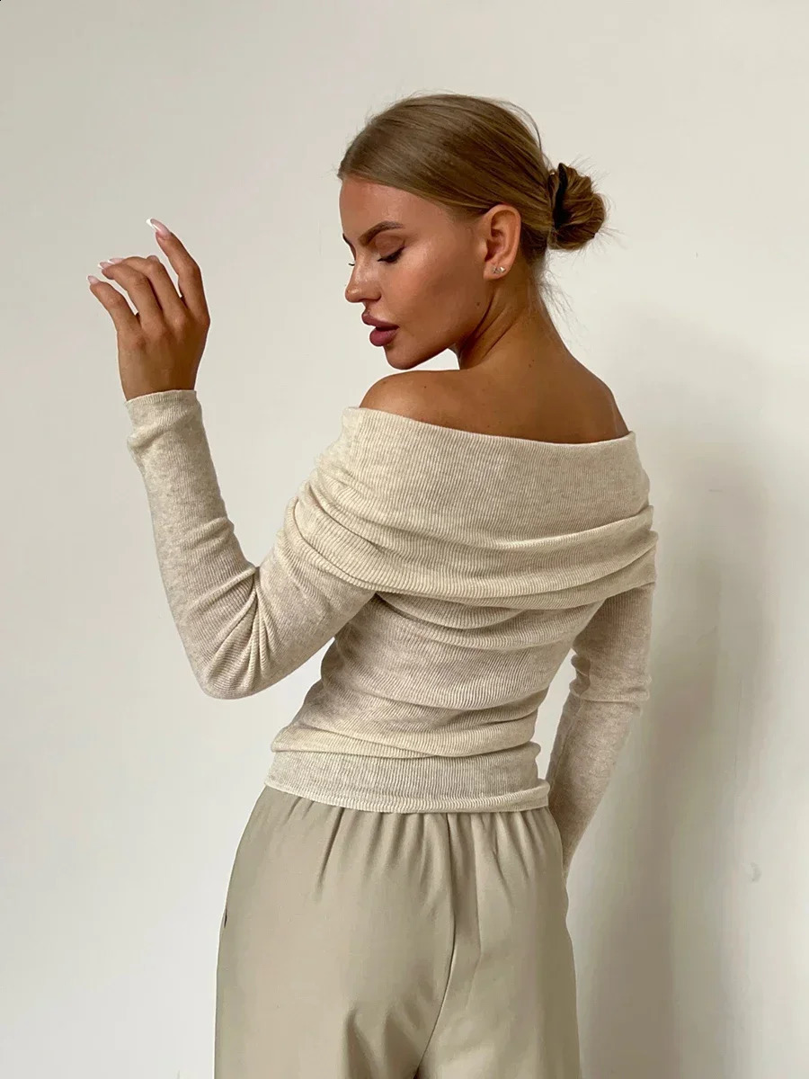 Sumuyoo Women Knitted Wool T-shirt Slim Fit Long Sleeve Autumn Winter Chic Off Shoulder Basic Sweater Streetwear Pullovers 240824