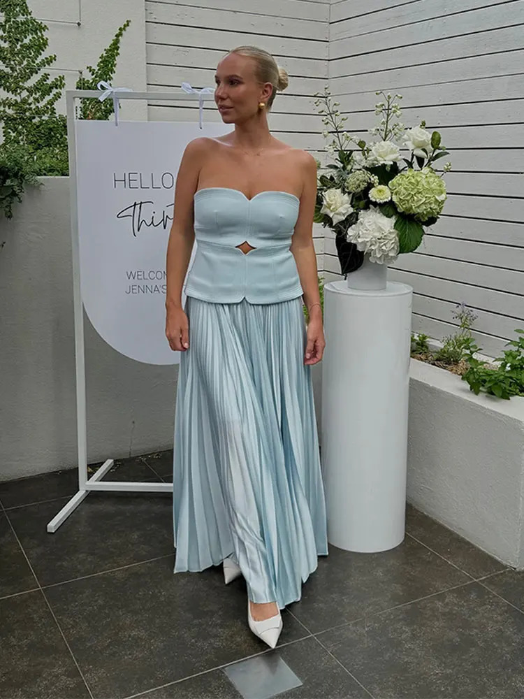 Elegant Blue Off Shoulder Pleated Dress For Women Sleeveless Backless A Line Dresses Spring Female Vacation Party Robes 240823