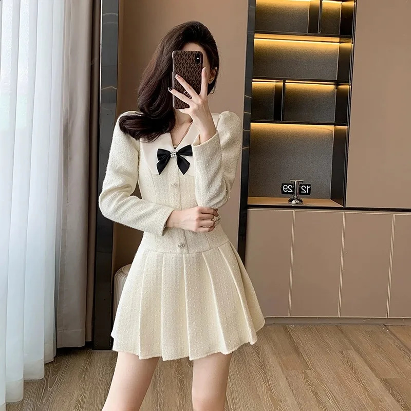 GkyocQ Fall and Winter Celebrity Small Perfume Style French Elegant Sweet Bow Tweed Lapel Collar Long-sleeved A Line Dress 240824