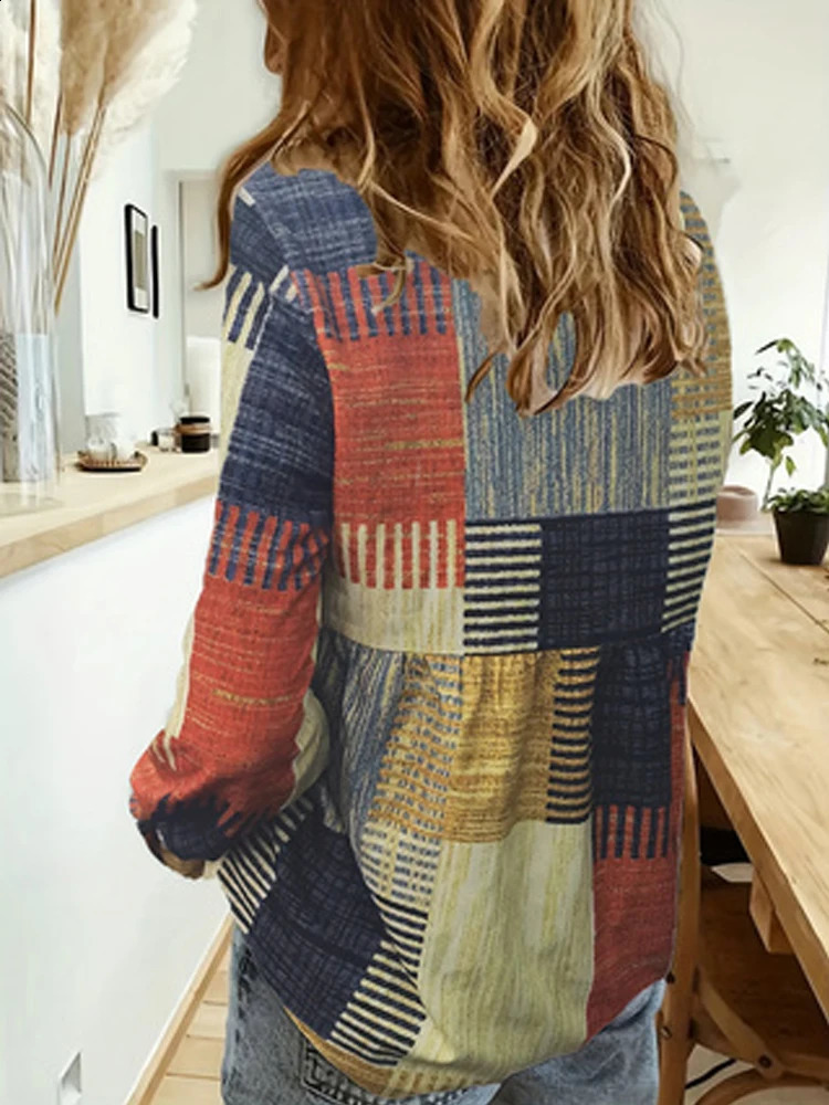Entry Womens Casual Fashion Color Blocking Plaid v-Neck Long Sleeve Shirt 240823