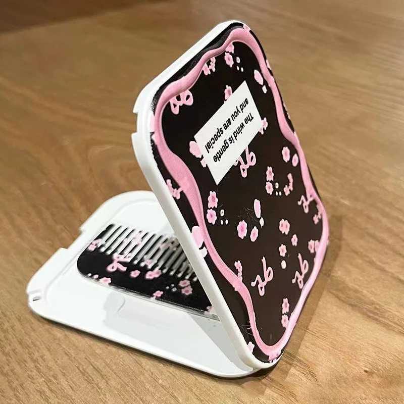 Pink Bow Florals Flip-Top Folding Makeup Mirror Portable Pocket Mirror Women Rectangle Cosmetic Make Up Mirror With CombXJ241213