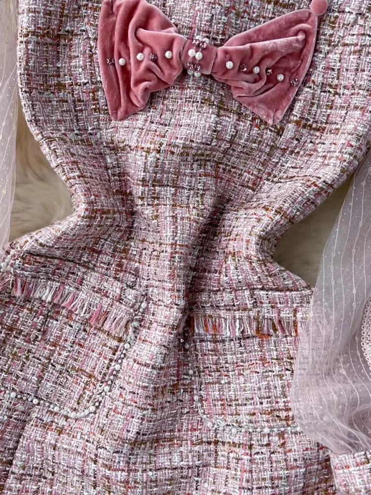 Sweet s Small Fragrance Mesh Stitching Taasels Tweed Dress Womens Stand Long Petal Sleeve Bow Beading Chic Short Vestidos 240824