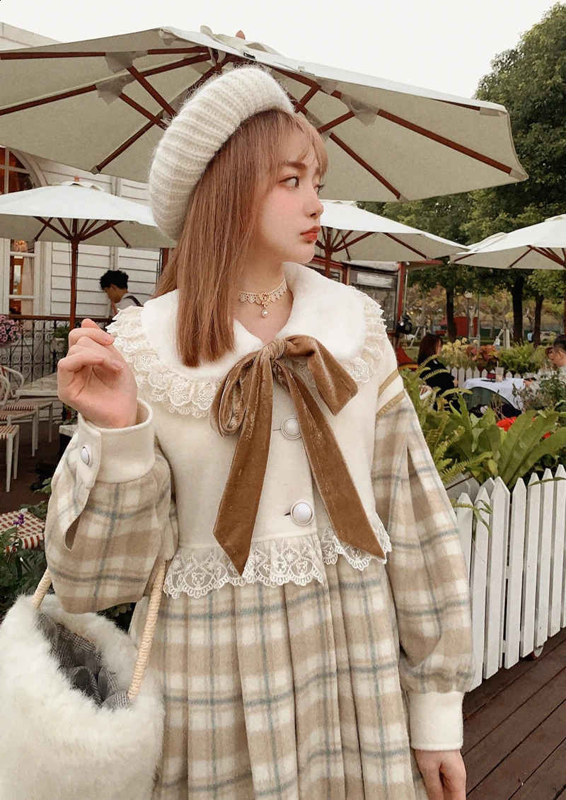 BOBON21 Winter Korean doll collar Long Sleeve Dress hit color patchwork single breasted mid-long tweed Dress C1959 240824