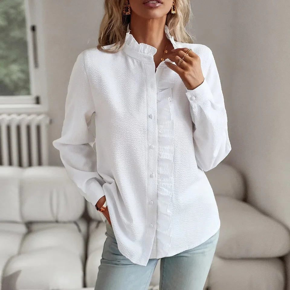 Spring Cross border European and American Womens Wear Long sleeved Ruffle Edge Button Shirt Top for Women 240823