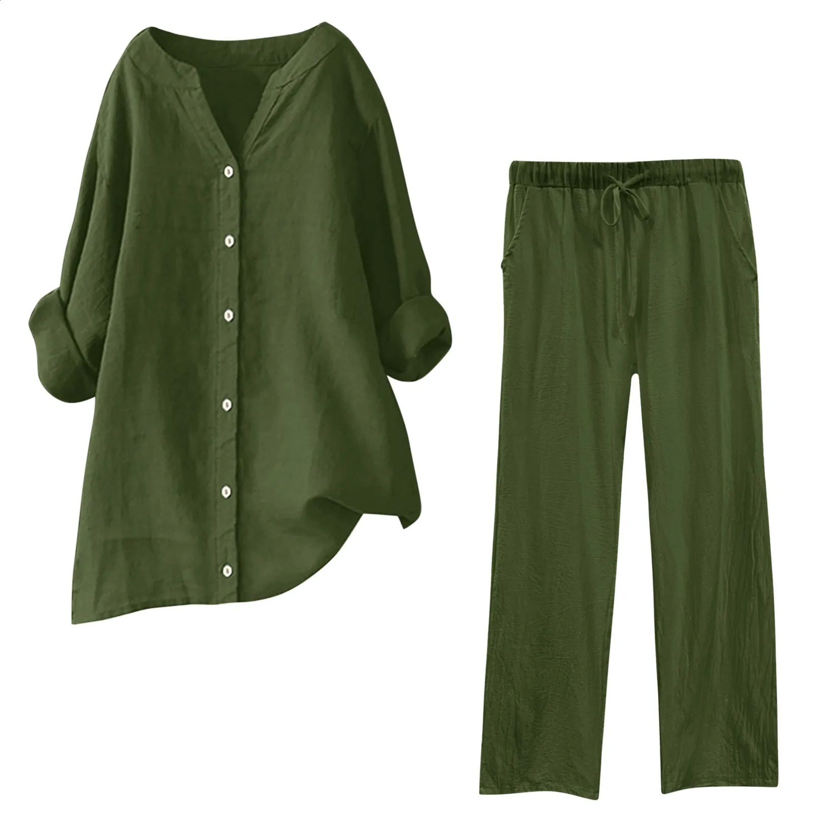 Womens solid single chest shirt 2piece set casual Vneck long sleeved toppants chic high waisted Trouser street 240823